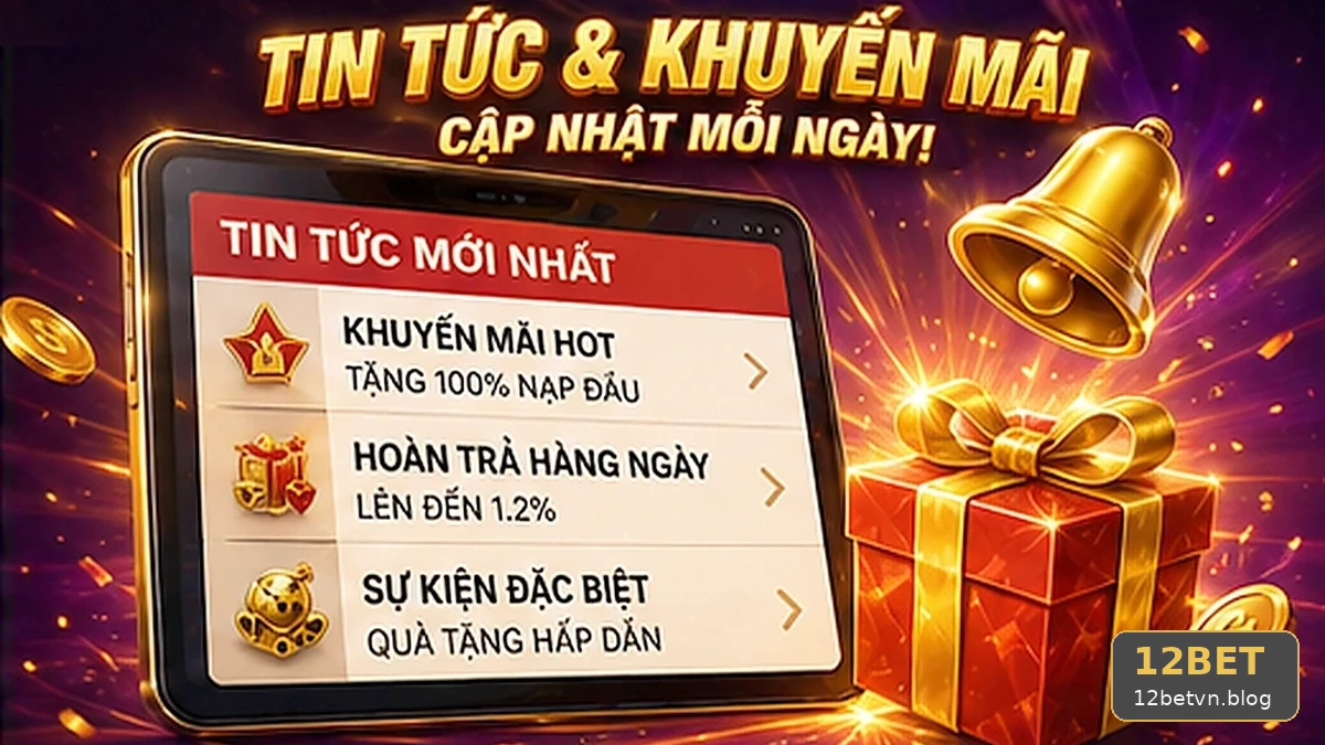 Giao diện banner ưu đãi và tin tức trên trang chủ 12BET